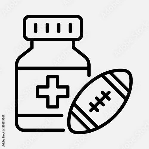 Line art icon depicting a medicine bottle with a cross symbol next to an American football, representing sports health or injury.