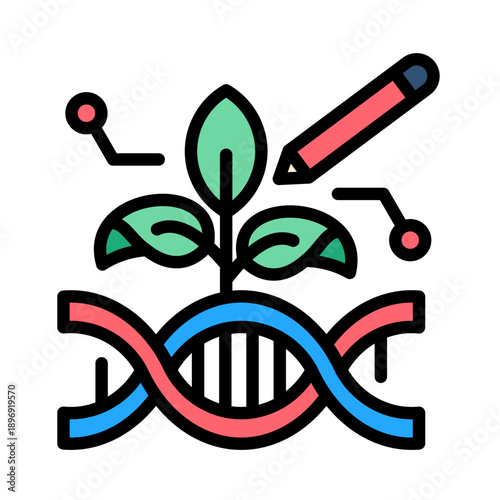 Genetic engineering concept with DNA, plant, and design elements.