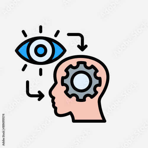 Icon representing the process of observation, perception, and mental processing, showing an eye connected to a head with a gear inside.