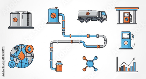 Oil and gas industry pipeline and transportation system illustration.