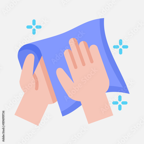 Two hands holding and wiping a surface with a blue cleaning cloth, symbolizing cleanliness and hygiene.