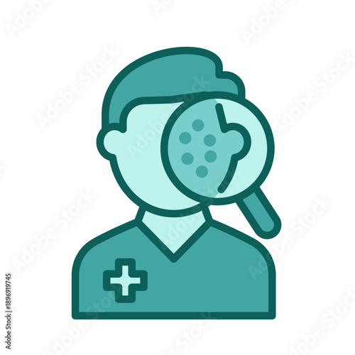 A medical professional examining a patient's skin for dermatological conditions, using a magnifying glass to inspect facial blemishes and spots.