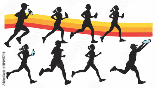 Diverse Runners Hydrating During Marathon Race Water Station for Fitness Health and Wellness Websites