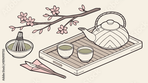 Japanese Matcha Tea Ceremony Set with Cherry Blossoms for Spring Cafe Menu Design or Wellness Blog Illustration