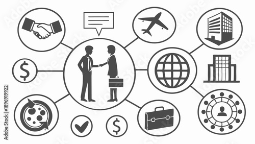 Global Partnership Deal Finalized Handshake Connecting Finance Travel Logistics Corporate Growth Icons for Website Design