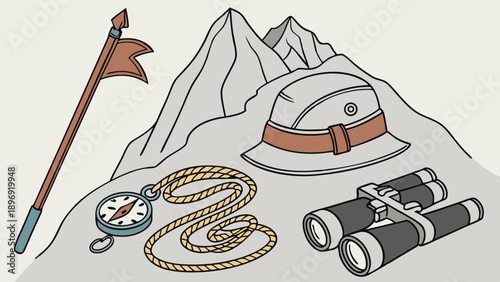 Adventure Gear Flat Lay with Compass Binoculars Pith Helmet Flag for Travel Exploration Expedition Design