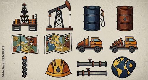 Oil industry equipment and resources collection illustration.