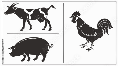 Farm Livestock Icons Set Cow Pig Rooster Silhouettes for Agriculture Food Industry Web Design Projects