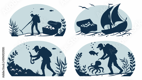 Underwater Treasure Hunt Diver Finds Gold Chest and Marine Life for Adventure Game Design or Nautical Website Graphics