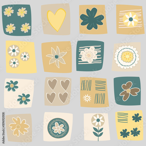 Handmade style floral illustration arranged in a colorful square grid