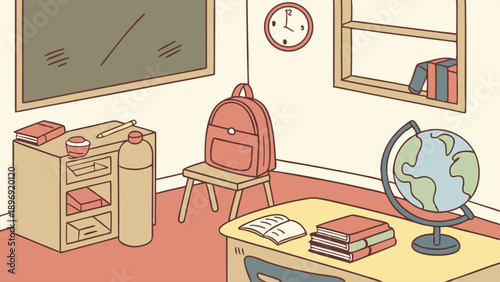 Nostalgic Classroom Interior with Backpack Globe and Desk for Education Website Design Background
