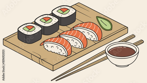 Delicious Salmon Nigiri and Maki Sushi Rolls on Wooden Board with Soy Sauce for Asian Food Restaurant Menu Design