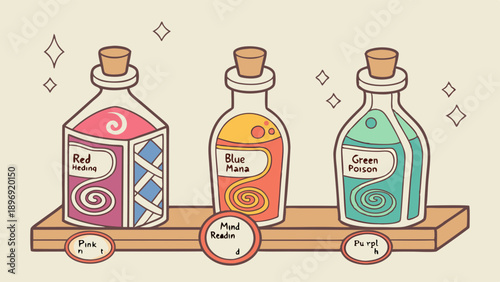 Magical Potion Bottles for Gaming UI Health Mana Poison Alchemy Ingredient Design Element