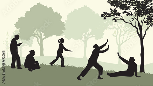 Silhouettes of Diverse Seniors Practicing Tai Chi Outdoors for Wellness and Active Aging Lifestyle in Park Setting