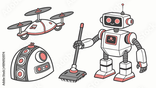 Cute Household Robots Drone Vacuum Cleaner for Smart Home Automation Technology Illustration