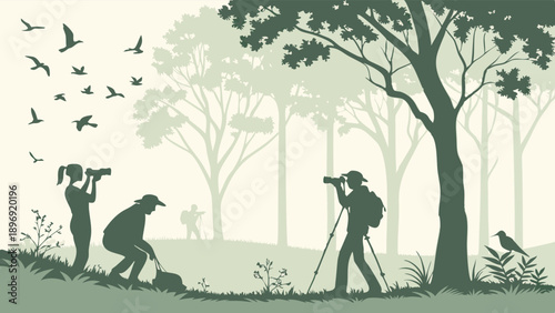 Birdwatching Nature Enthusiasts Observing Wildlife with Binoculars and Tripod for Eco Tourism and Hobbyist Photography Projects