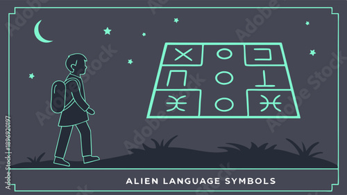 Astronaut Discovering Mysterious Alien Language Symbols on Floating UFO at Night for Sci Fi Design