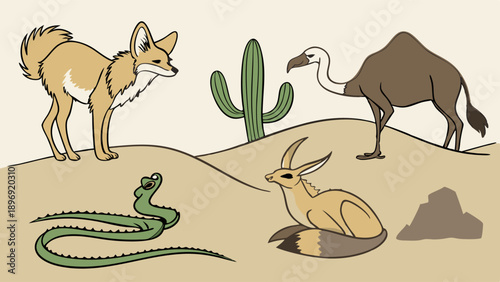 Desert Wildlife Ecosystem Scene with Coyote Camel Fennec Fox and Snake Illustration for Ecology Education and Nature Websites