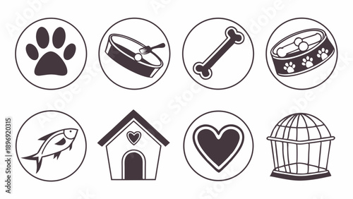 Pet Care Icons Set Dog Cat Fish Supplies for Animal Shelter Website Design or Veterinary Clinic Graphics
