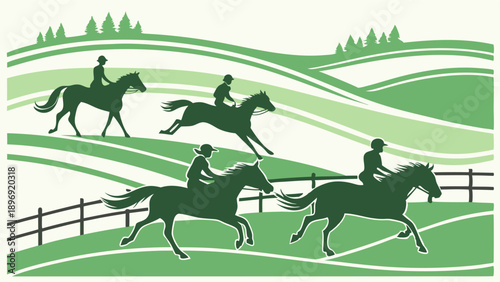 Equestrian Riders Galloping Across Rolling Green Countryside Hills for Outdoor Sports and Leisure Activity Design