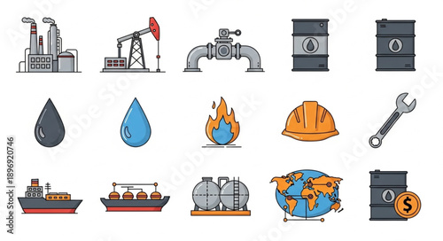 Oil and Gas Industry Icons Set Vector Illustration.