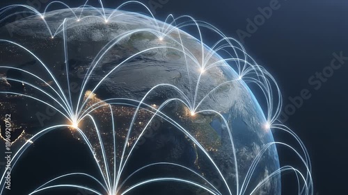 A visualization showcasing planet Earth with bright lines connecting numerous points, depicting global networks. The Earth shows cities glowing brightly
