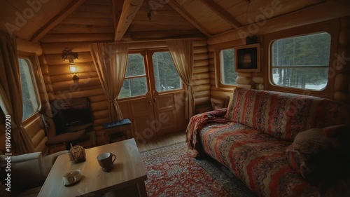 A warmly lit, rustic log cabin interior with wooden walls and ceiling. Cozy seating, table with mugs, and windows offer a glimpse of nature