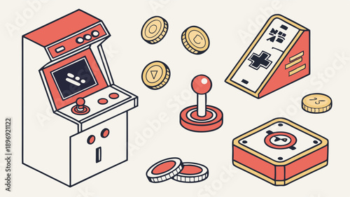 Isometric Retro Arcade Game Icons for Gaming App Design Web Graphics and Nostalgic Entertainment Promotion