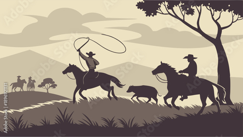 Silhouetted Cowboys Herding Cattle on Horseback in Rustic Western Landscape for Ranching or Adventure Travel Promotion