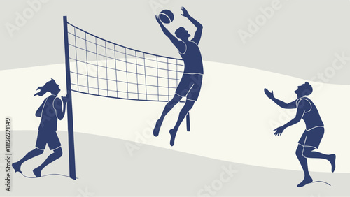 Dynamic Beach Volleyball Players Spiking Ball Over Net for Sports Website Design Summer Recreation Promotion
