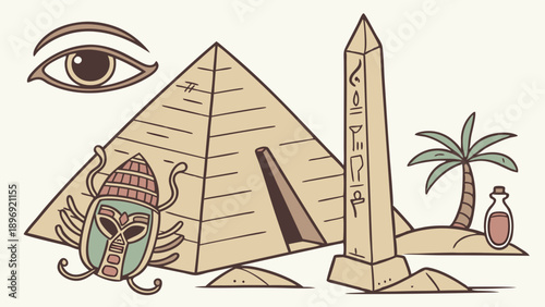 Ancient Egyptian Pyramid Obelisk Scarab Eye Travel Adventure Illustration for History Education or Tourism Promotion
