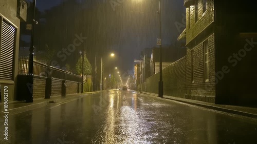 A wet, illuminated street scene at night as a rain storm falls. Lights reflect in the wet pavement as a car is seen at the street's end