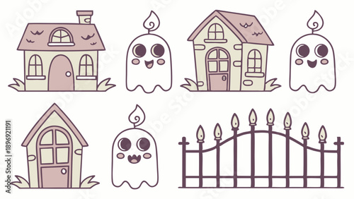 Cute Halloween Ghost House Icons Set Spooky Autumn Holiday Home Design Elements for Kids Party Decor
