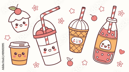 Cute Kawaii Dessert Drinks and Cupcakes Collection for Cafe Menu Design Summer Promotion Sweet Food Icons