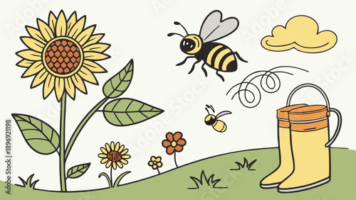 Charming Summer Garden Scene with Sunflower Bee Flying Near Yellow Rain Boots for Spring Gardening Web Design and Children's Book Illustration (179 characters)