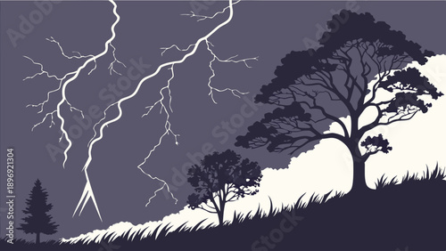 Dramatic Lightning Strike Over Dark Hillside Landscape for Weather Alerts Website Design or Environmental Danger Background