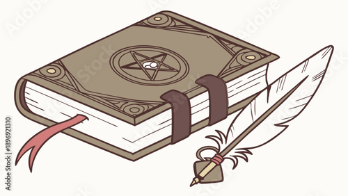 Mystical Grimoire Book with Pentagram and Quill Pen for Occult Magic Spells and Witchcraft Design Projects