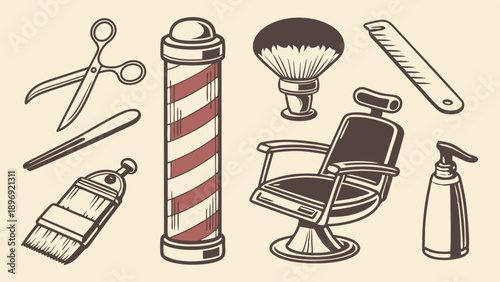 Vintage Barber Shop Tools Illustration Set For Salon Website Design Haircut Service Promotion Vintage Style