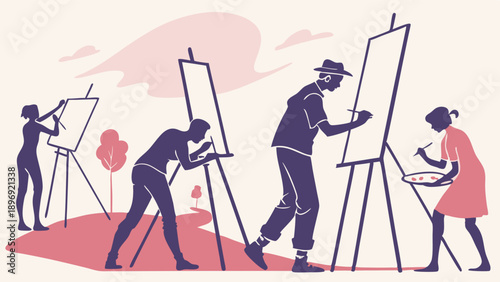 Outdoor Painting Class Adults Learning Plein Air Art Workshop Focused Creative Hobby Activity Summer Park Scene