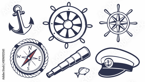 Nautical Navigation Set Captain Icons Anchor Ship Wheel Compass Spyglass for Travel Adventure Web Design Summer Vacation Projects