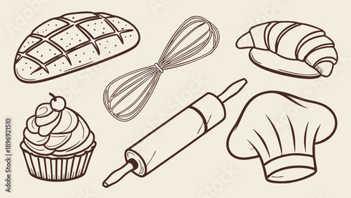 Bakery Tools and Pastry Icons Hand Drawn Sketch for Cafe Menu Design or Food Blog Graphics