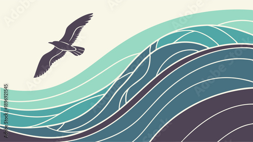 Seagull Flying Over Stylized Wavy Ocean Waves for Travel Coastal Branding Coastal Vacation Web Design Background (146 characters)