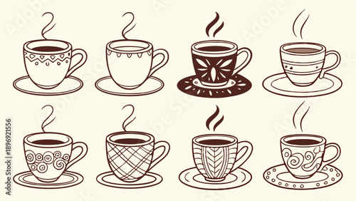 Eight Steaming Coffee Cups Assortment Hot Beverage Designs for Cafe Menu or Cozy Winter Promotion