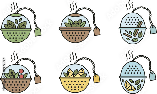 Six Assorted Herbal Tea Infusers With Steaming Herbs And Fruits In A Grid Layout