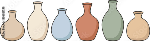 Six Ceramic Vases of Varying Sizes and Colors on a White Background
