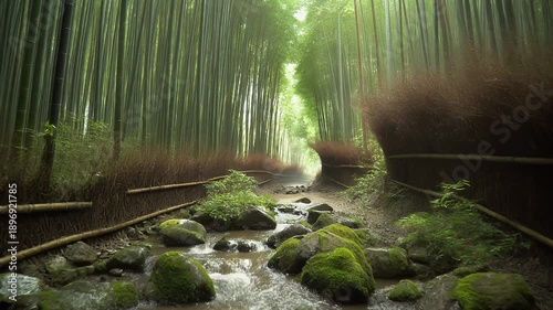 A winding path leads through a bamboo forest, with moss-covered rocks in the foreground and natural light filtering through the trees