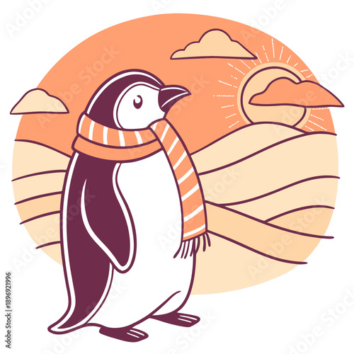Cute Dreamy Emperor penguin, accessorized with with a scarf, in a Desert sunset world – Sundown Glow palette vector