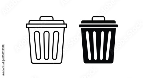 Two black and white trash can icons one outlined and one filled