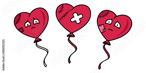 Damaged Heart Balloons with Sad Expressions and Stitches.