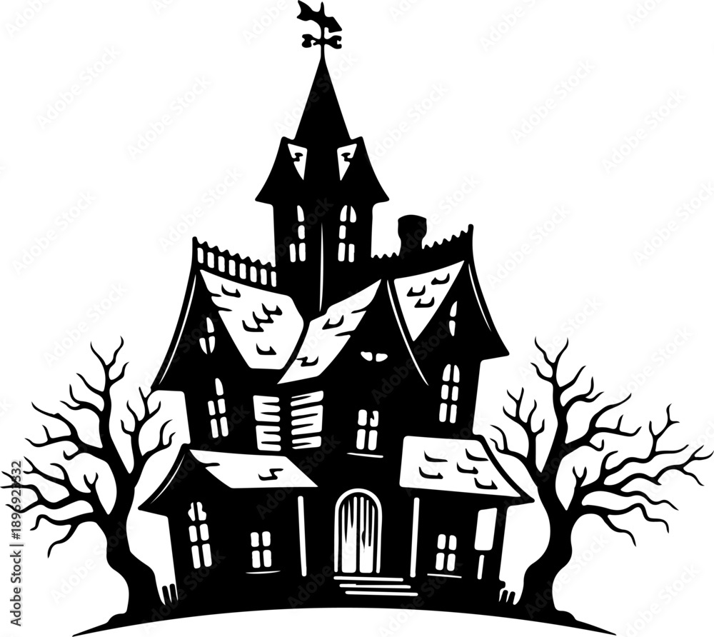 Fototapeta premium Creepy silhouette of a haunted mansion with gnarled trees, perfect for a mysterious and spooky Halloween design